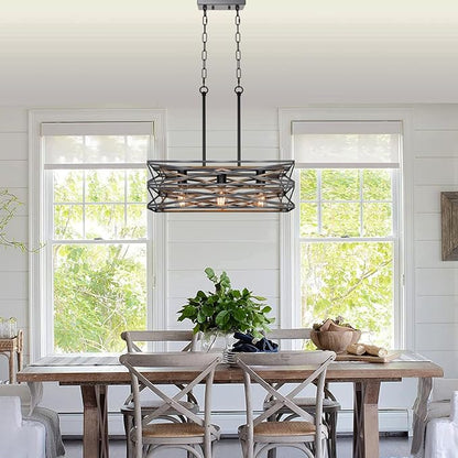 Sigaitwei 21''Farmhouse Dining Room Light Fixture,3-Light Kitchen Island Lighting,Industrial Chandelier for Dining Room Over Table Kitchen Bar,Linear Chandelier with Retro Wood Texture Interior