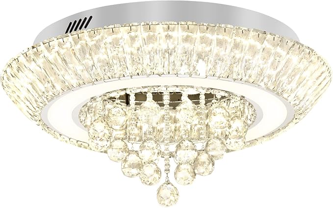 Modern Led Crystal Chandelier for Living Room Crystal Raindrop Chandeliers for Dining Room, Bedroom 24in Silver Flush Mount Chandelier Ceiling Light with Remote