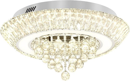 Modern Led Crystal Chandelier for Living Room Crystal Raindrop Chandeliers for Dining Room, Bedroom 24in Silver Flush Mount Chandelier Ceiling Light with Remote