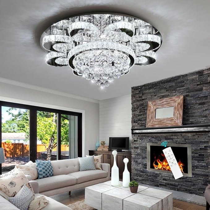 HAIXIANG Modern Chandelier Living Room Glam Chandeliers Ceiling Light Fixture Remote Dimmable Lights 32 Inches Luxury Crystal Silver Light