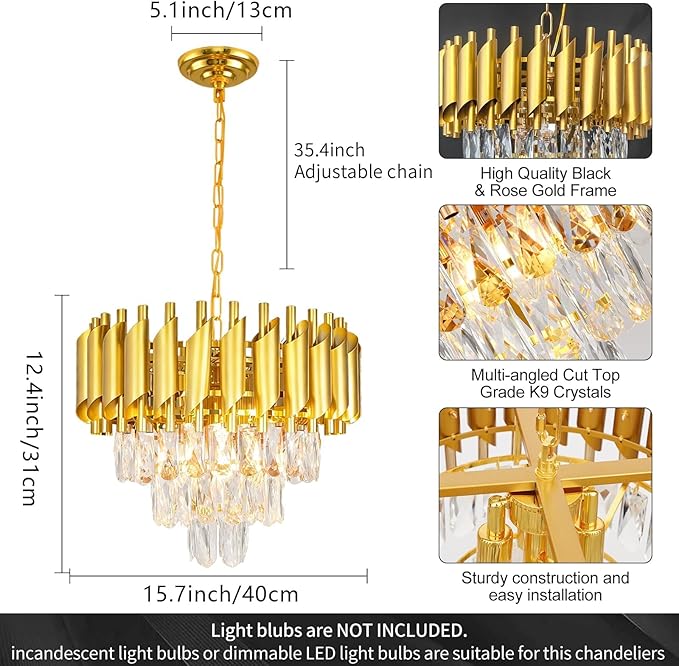Modern 16-inch Gold Crystal Chandelier, 3-Tier Dimmable Ceiling Pendant Light with Adjustable Chain, Round Flush Mount for Dining Room, Living Room, Bedroom, Kitchen, Foyer