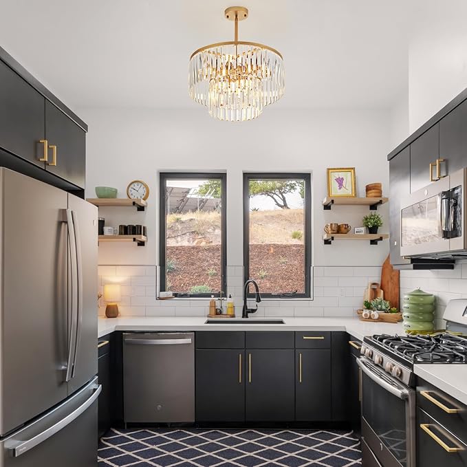 17.7" Gold Semi Flush Mount 2-Tier Crystal Ceiling Light Fixtures for Dining Room Modern Industrial 8-Light Chandeliers Lighting for Bedroom Entryway Hallway Kitchen Island Living Room Foyer