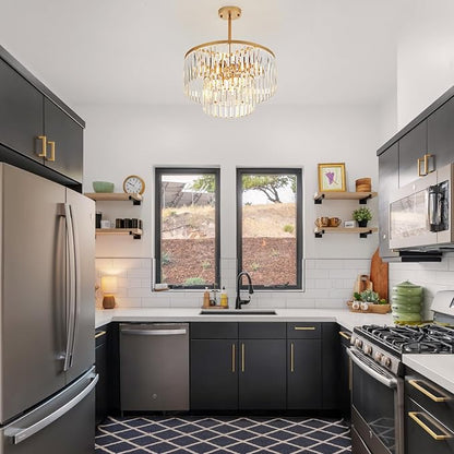17.7" Gold Semi Flush Mount 2-Tier Crystal Ceiling Light Fixtures for Dining Room Modern Industrial 8-Light Chandeliers Lighting for Bedroom Entryway Hallway Kitchen Island Living Room Foyer