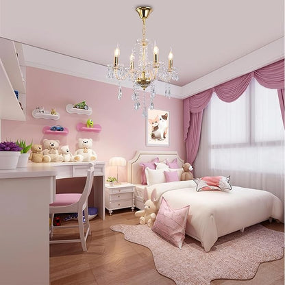 MALOSA Small Gold Crystal Chandeliers,Classic 4 Lights Mini Chandelier,Antique Candle Glass Chandelier for Dining Room,Girls Bedroom,Living Room