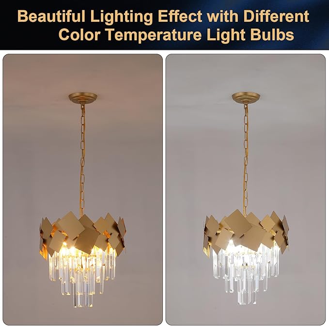 A AXILIXI Gold Crystal Chandeliers 16” Modern Ceiling Pendant Light Fixture for Dining Room Dimmable Small 3 Tiers Flush Mount Chandeliers Round for Foyer Kitchen Island Entryway Hallway