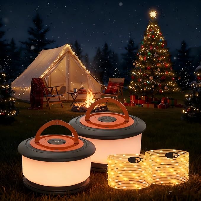 2-Pack Camping String Lights, 4 in 1 Retractable String Lights, Quick 30s Recovery, 32.8ft Rechargeable LED Fairy Lights for Outside, 32.8ft Portable Tent Lights for Tent Patio Awning RV Decoration