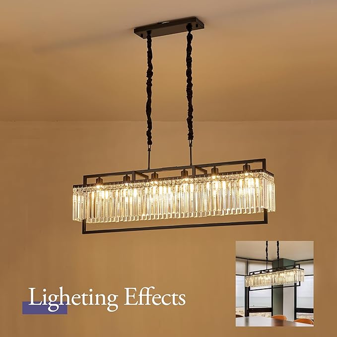 43.7" Modern Black Crystal Chandeliers for Dining Room, Luxury Rectangle 6-Light Kitchen Island Lighting, Linear Hanging Ceiling Pendant Light Fixture for Pool Table Entryway Foyer Hallway