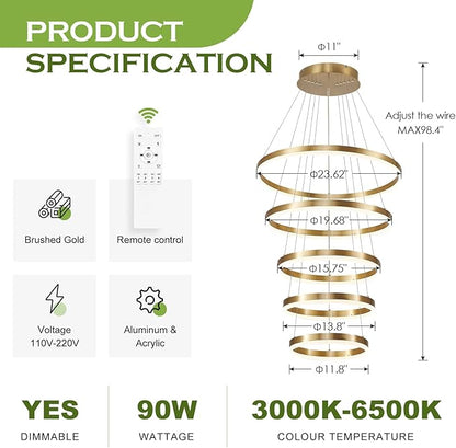 Benkut 5-Rings Modern LED Chandelier Gold High Ceiling Chandelier with Remote Control Dimmable Pendant Lighting for Dining Room Foyer Living Room Entryway Staircase(3000K-6500K, D23.6in)