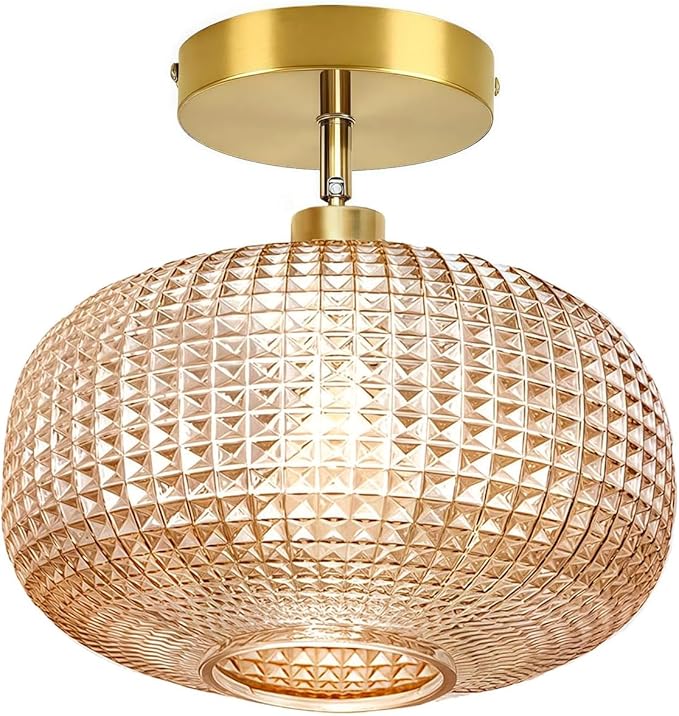 Semi Flush Mount Ceiling Light,Vintage Ceiling Light Fixture,Upgrade Sloped Ceiling Light Fixture with Amber Glass Shade,Art Decor Light Fixture,Kitchen Lighting Fixtures for Bedroom,Porch