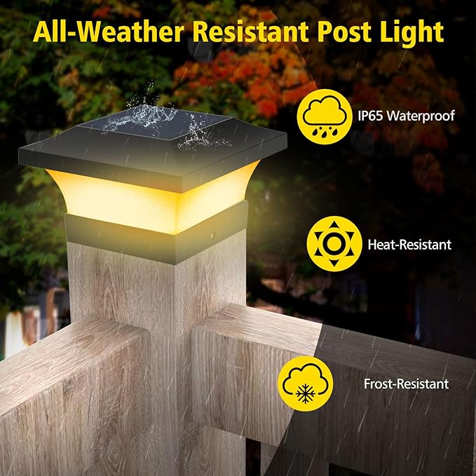 T-SUN 6 Pack 3000K Warm White Solar Post Cap Lights, 4x4 Outdoor Waterproof Solar Post Lights for Wood & Vinyl Fence Posts, Deck, Patio Railing, Black, Bracket Included
