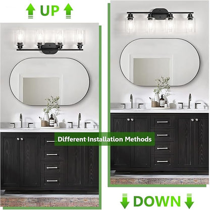 Ascher 4-Light Bathroom Light Fixtures, Modern Vanity Lights with Clear Glass Shade, Matte Black Wall Lamp for Bathroom Mirror Hallway Cabinet Porch