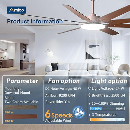 Amico 80 inch Ceiling Fans with Lights,Large Ceiling Fan with Light and Remote Control, Dimmable, 6 Speed Reversible Quiet DC Motor, Brown Modern Ceiling fan For Living Room, Bedroom, Kitchen, Patio