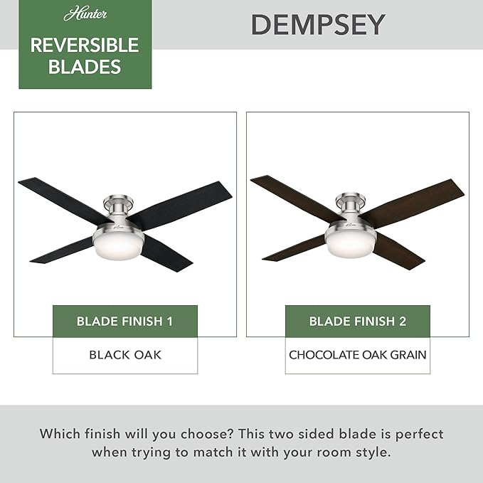 Hunter 52 inch Indoor Ceiling Fan with LED Light and Remote Control - Modern Ceiling Fan, Low Profile Mount, 4 Black Oak Blades, For Bedroom, Living Room, or Kitchen - Dempsey 59241, Brushed Nickel