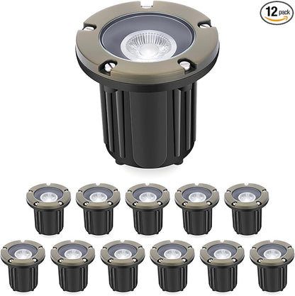 Gardencoin Brass Low Voltage Landscape Well Lights (5" Cover, 5.5" Tall), 12V LED Wired In-Ground Outdoor Up Lighting Fixture Waterproof, Adjustable Beam Direction Base, Without MR16 Bulb (12 Pack)