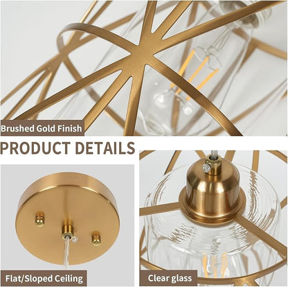 Brushed Gold Pendant Light, 7"×10" Dual-Shade Kitchen Island Lighting with Clear Glass Shade, E26 Adjustable Height 1"-61", UL Listed, for Dining Room Foyer Entryway — Bulbs Not Included