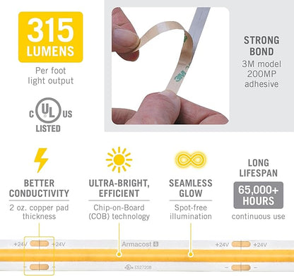 Armacost Lighting RibbonFlex Pro 24V White COB LED Strip Light Tape 2700K, 315 Lumens/Ft, 5M 172130
