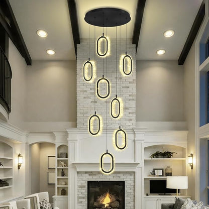 Black 8 Rings Crystal Chandelier for Foyer Stairwell High Ceiling Chandelier Dimmable Oval Crystal Ring Pendant Light