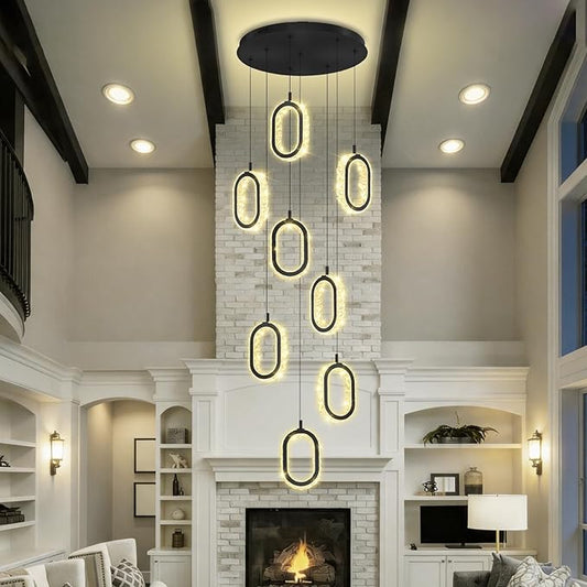 Black 8 Rings Crystal Chandelier for Foyer Stairwell High Ceiling Chandelier Dimmable Oval Crystal Ring Pendant Light