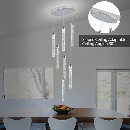 Crystal Staircase Chandelier, Modern Chrome Spiral Dimmable LED Cluster Raindrop Foyer Chandelier Lighting, Bubble Living Room Hanging Light Fixture 7 Light Remote Control
