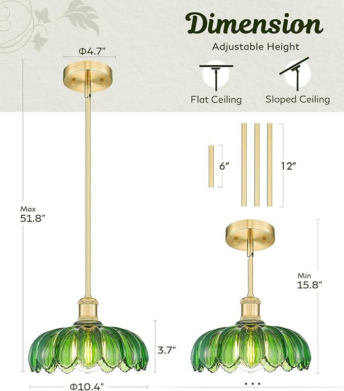 FEMILA 10.4" Gold Pendant Light, Vintage Pendant Lighting with Flower Green Glass, Pendant Light for Kitchen Island Bedroom Hotel Living Room, 4FJX82MIL BG-G