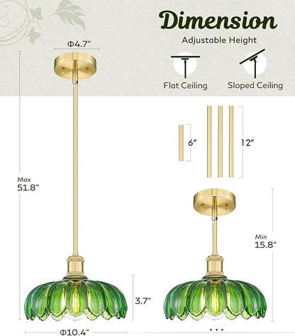 FEMILA 10.4" Gold Pendant Light, Vintage Pendant Lighting with Flower Green Glass, Pendant Light for Kitchen Island Bedroom Hotel Living Room, 4FJX82MIL BG-G