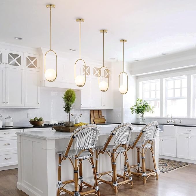 BYOLIIMA Modern Gold Globe Pendant Light Mid Century Chandelier 1-Light Brushed Brass Ceiling Hanging Lighting Fixture with White Globe Glass Lampshade for Kitchen Island Dining Room Bedroom (2 Pack)