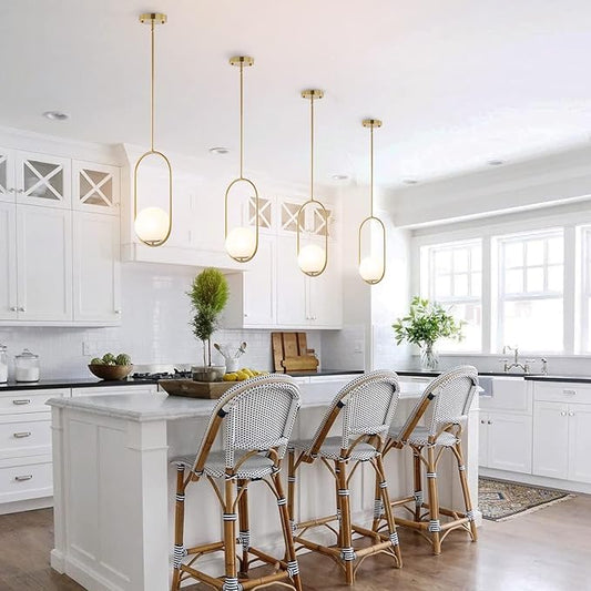 BYOLIIMA Modern Gold Globe Pendant Light Mid Century Chandelier 1-Light Brushed Brass Ceiling Hanging Lighting Fixture with White Globe Glass Shade for Kitchen Island Dining Room Bedroom