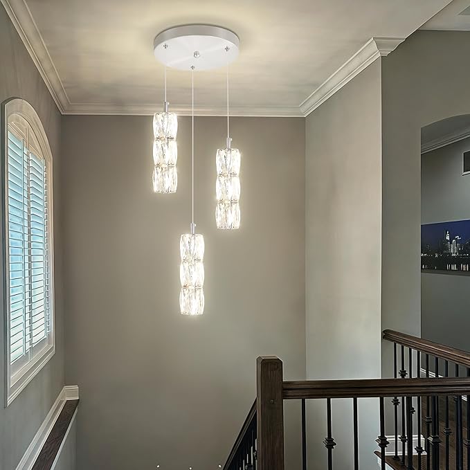 ykolupty Pendant Lights Kitchen Island 3-Lights Silver Crystal Chandelier for Dining Room Hallway Stairwell,LED Dimmable 2700K-6000K