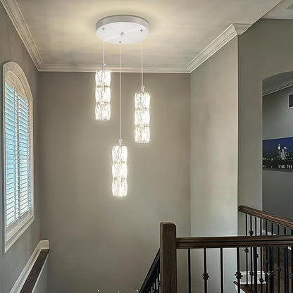 ykolupty Pendant Lights Kitchen Island 3-Lights Silver Crystal Chandelier for Dining Room Hallway Stairwell,LED Dimmable 2700K-6000K