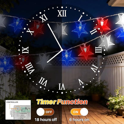 LAMPHOME Red White Blue Star LED String Lights, 20 LED Star Fairy Lights with Clear Wire, 3AA Waterproof 8 Modes, Decorative Lights for 4th of July Patriotic Christmas Easter Tree Party