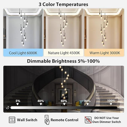 Raindrop Crystal Chandelier High Ceiling: 12 Lights Dimmable LED With Remote - Large Long Modern Bubble Hanging Pendant Light Fixture Spiral Chandeliers for Living Room Staircase Entryway Foyer Black