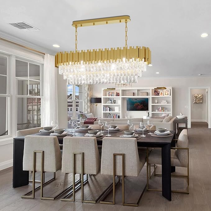40'' L Modern Crystal Chandeliers for Dining Room 10 Lights Gold Chandelier Large Luxury Rectangular Crystal Chandelier Pendant Light Fixture, Kitchen Island,Entryway,Living Room