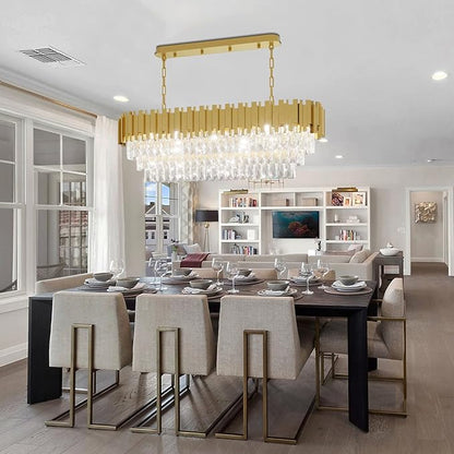40'' L Modern Crystal Chandeliers for Dining Room 10 Lights Gold Chandelier Large Luxury Rectangular Crystal Chandelier Pendant Light Fixture, Kitchen Island,Entryway,Living Room
