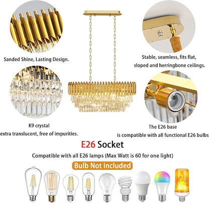 31.5" 8-Light Gold K9 Crystal Chandelier, Luxury Rectangular Raindrop Pendant Light with Adjustable Chain, Hanging Chandeliers for Dining Room, Kitchen Island, Living Room