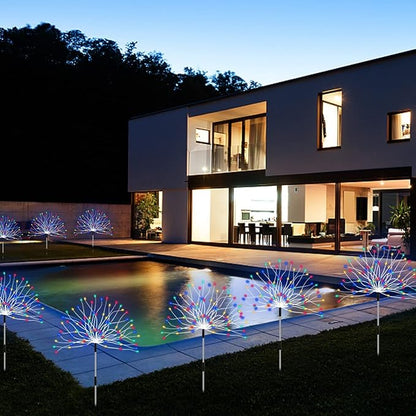 Outdoor Solar Garden Lights,Firework Lights 4 Pack Waterproof Decorative Pathway Lights,120Led Firefly Lights Solar Outdoor Decor for Courtyard Garden Party Yard Decorations Outdoor,Colorful