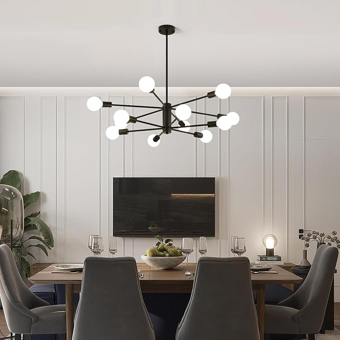 AMZASA Black Sputnik Chandeliers, 12 Light Modern Farmhouse Mid Century Pendant Light, Chandeliers for Dining Room Living Room Kitchen Island Entryway Foyer, UL Listed