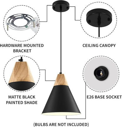 Black Pendant Light 2 Packs,9.4inches- Farmhouse Pendant Light, Modern Pendant Lights, Kitchen Pendant Lights for Office, Bedroom, Living Room, Kitchen Island