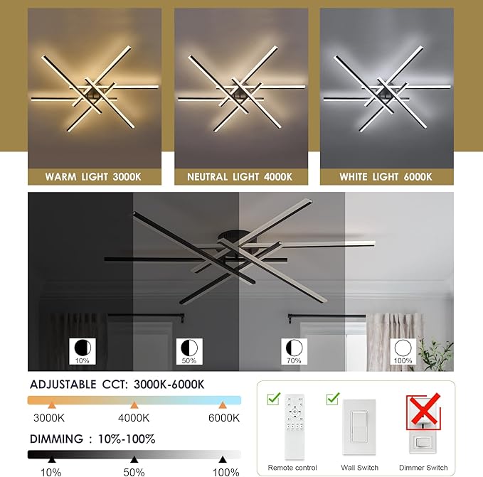 Modern LED Chandelier with Remote Control, 6-Lights Black Semi-Flush Mount Ceiling Lighting Fixture for Living Room, Bedroom, Dining Room 60W