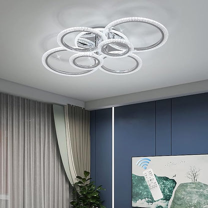 Garwarm Modern LED Ceiling Light Fixture,76W Dimmable LED Chandelier Flush Mount Ceiling Lights Remote Control,6 Ring Ceiling Lamp Fixture for Living Room Dining Room Bedroom(Chrome)