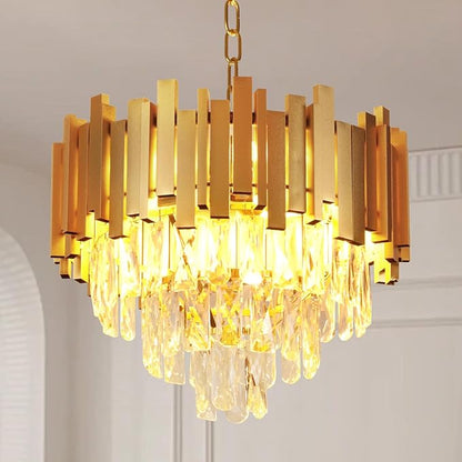Depuley Modern Gold Crystal Chandelier: 5-Light 3-Tier Flush Mount Chandelier 12 Inch Luxury Round Hanging Pendant Light Fixture for Porch Bedroom Dining Room Foyer Included Bulbs