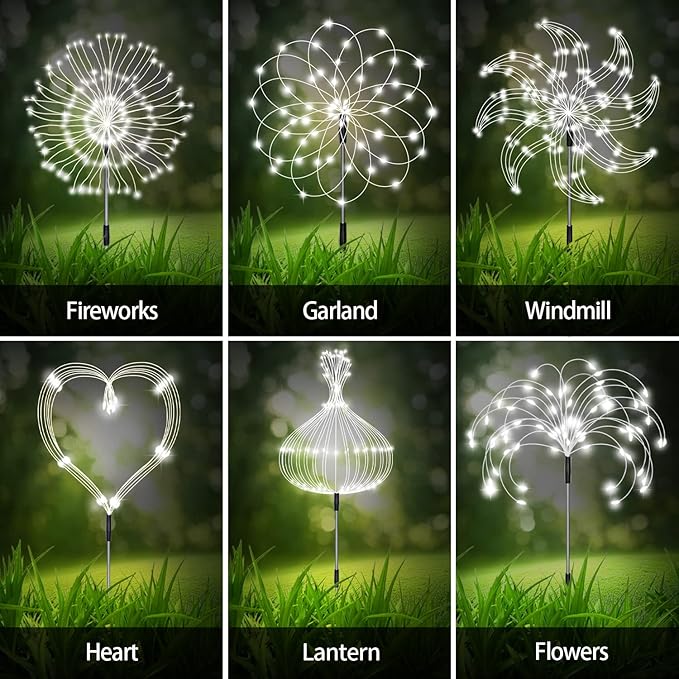Maleyt 6 Pack Solar Garden Lights, Firework Lights, Decorative, 8 Lighting Modes with Remote 120 LED Twinkling Waterproof Landscape Outdoor Decor, for Pathway Backyard Walkway Patio (White)