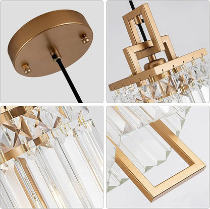 Modern Gold Pendant Light Fixtures for Kitchen Island and Dining Room, Industrial Small Hanging Crystal Chandelier Light Fixture for Bedroom Entryway Living Room Foyer Hallway 1-Pack