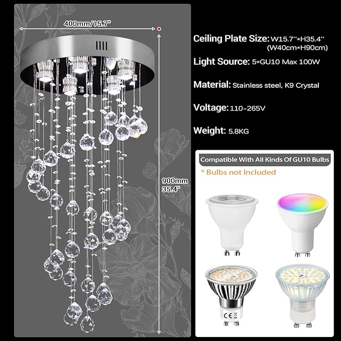 FRIXCHUR Spiral Crystal Chandelier Modern Raindrop Flush Mount Pendant Light for High Ceilings 5-Lights K9 Crystal Ball Chandeliers for Dining Room Kitchen Hallay D15.7 * H35.4
