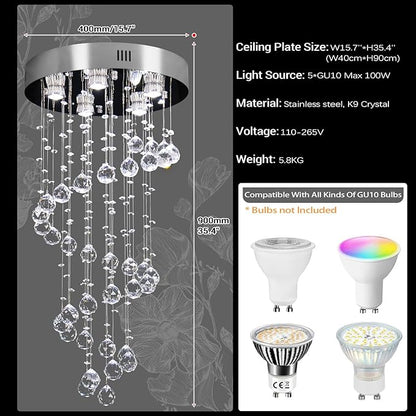 FRIXCHUR Spiral Crystal Chandelier Modern Raindrop Flush Mount Pendant Light for High Ceilings 5-Lights K9 Crystal Ball Chandeliers for Dining Room Kitchen Hallay D15.7 * H35.4