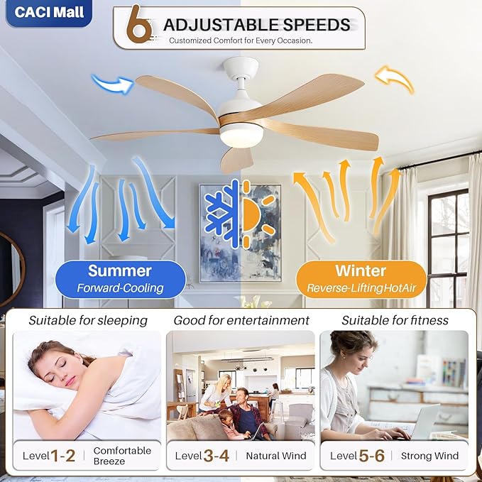 CACI Mall 52 Inch Ceiling Fans with Lights and Remote, modern, Outdoor ceiling fan with 6-Speed, 5 Blades, 2 Downrods, 3 CCT, Timer, Quiet Reversible DC Motor for Living Room, Bedroom, Patios
