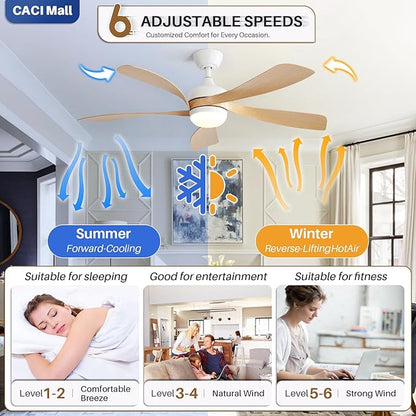 CACI Mall 52 Inch Ceiling Fans with Lights and Remote, modern, Outdoor ceiling fan with 6-Speed, 5 Blades, 2 Downrods, 3 CCT, Timer, Quiet Reversible DC Motor for Living Room, Bedroom, Patios