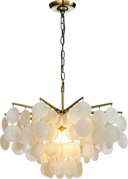 ALOADECOR 4-Light 22" Cone Shape 4-Tier Coastal Capiz Shells Chandelier with Antique Gold Metal Farmhouse Natural Seashell for Dining Room Living Room