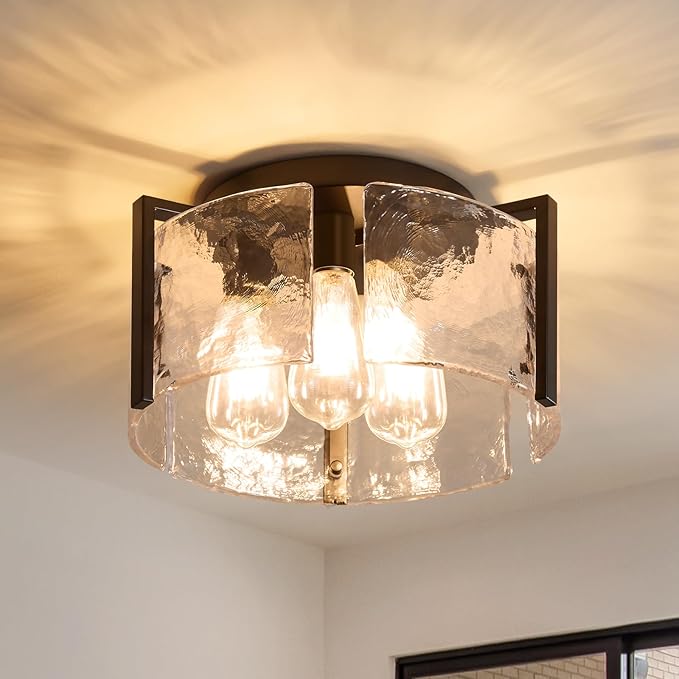Modern Black Semi Flush Mount Ceiling Light Fixtures, 14" Drum Glass Kitchen Ceiling Light Fixture Mid Century Vintage Lights for Dining Room over Table Hallway Foyer Entryway Bathroom Laundry Bedroom