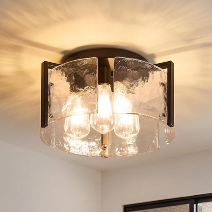 Modern Black Semi Flush Mount Ceiling Light Fixtures, 14" Drum Glass Kitchen Ceiling Light Fixture Mid Century Vintage Lights for Dining Room over Table Hallway Foyer Entryway Bathroom Laundry Bedroom