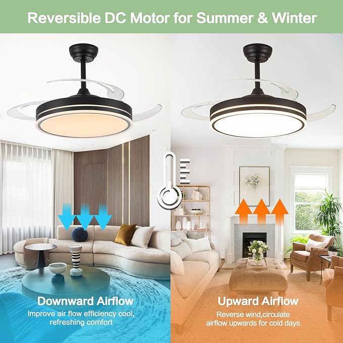 48" Retractable RGB Ceiling Fan with Light, Build-in Speaker Modern Fandelier 6 Speeds Retractable Blades Dimmable Chandelier Ceiling Fan with Remote App Control Memory Timer Black